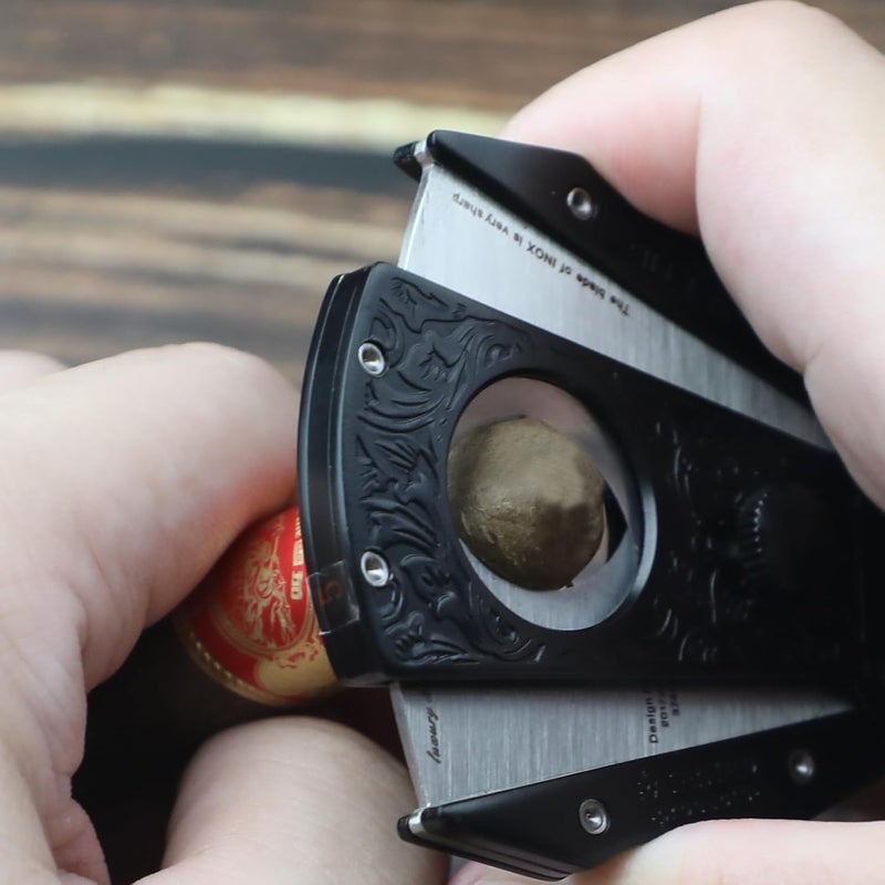 Foxmox Cigar Cutter Guillotine - Heavy Quality Stainless Steel Double Blade Cigar Clipper,Dignified Engraved Pattern with Lock System Cigar Cutters for Men,Cigar Accessories with Gift Box(Black) - Image 4
